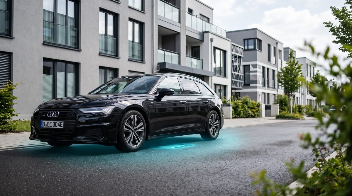 A black electric estate car parked on a residential street in Germany, with a glowing teal wireless charging halo beneath it