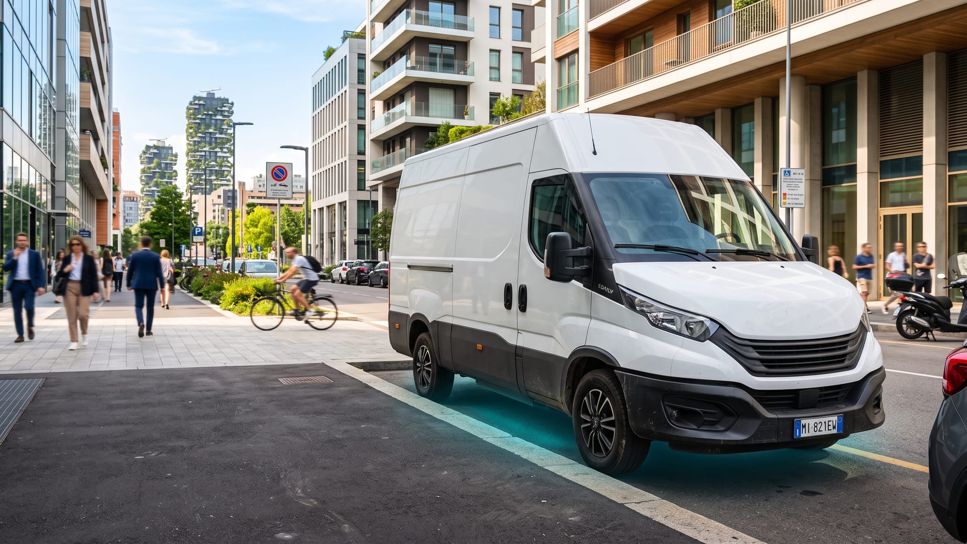 A white Iveco eDaily electric van on a Milan street with the Bosco Verticale towers in the background, and a glowing teal wireless charging halo beneath it