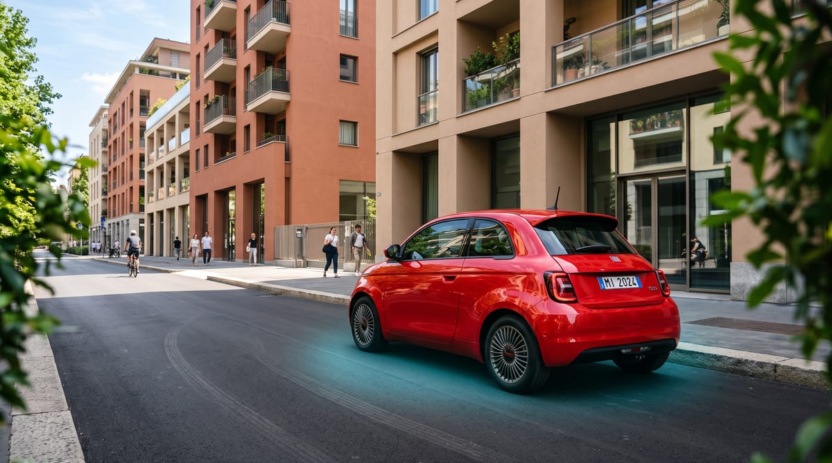 A red electric car parked on a residential street in Milan, Italy, with a glowing teal wireless charging halo beneath it