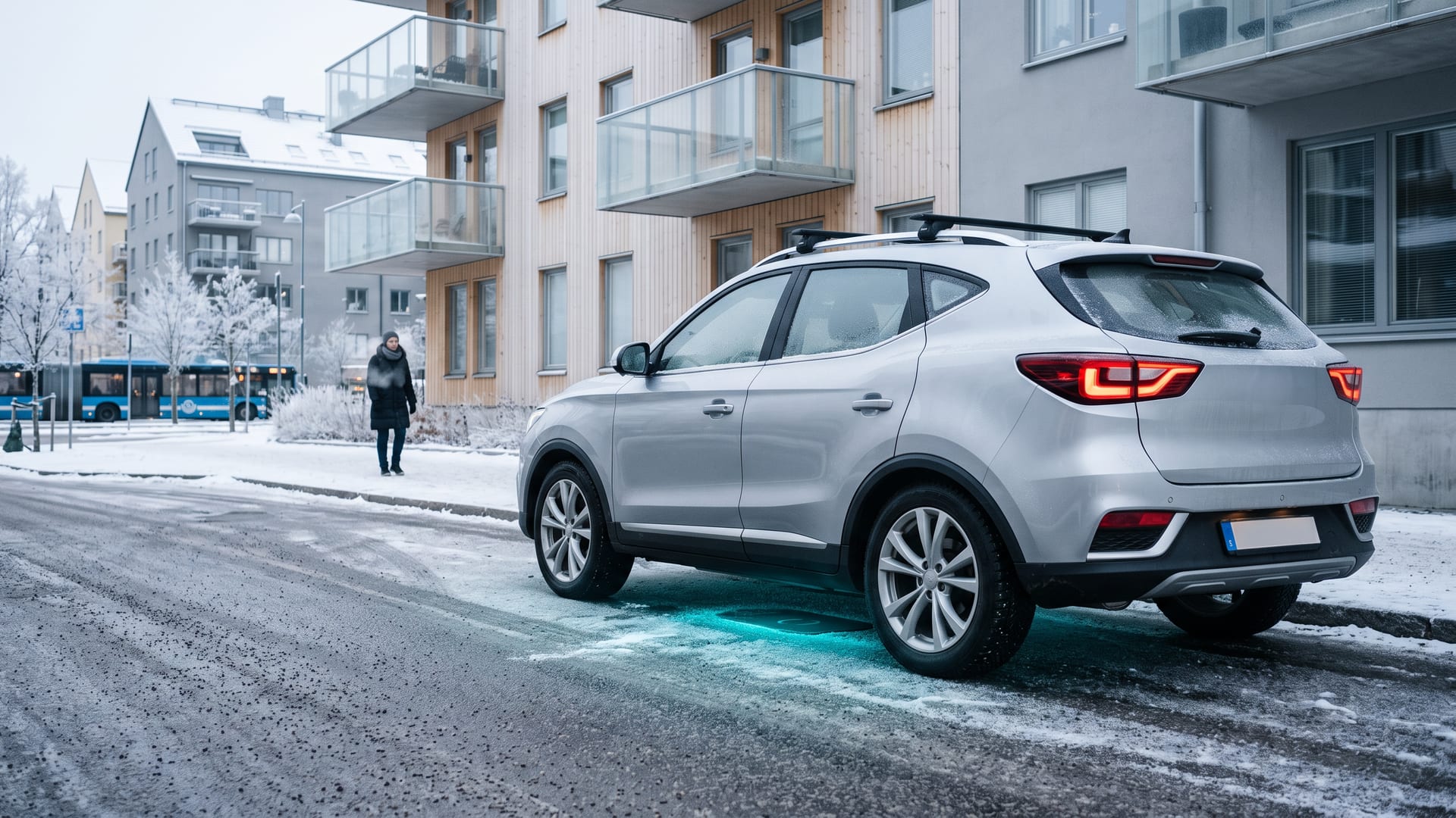 A silver electric SUV on a snowy Stockholm street at night, with a glowing teal wireless charging halo beneath it, and city buses passing behind