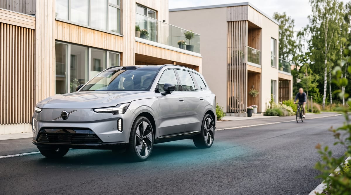 A silver electric SUV parked outside a modern Scandinavian apartment building in Stockholm, Sweden, with a glowing teal wireless charging halo beneath it