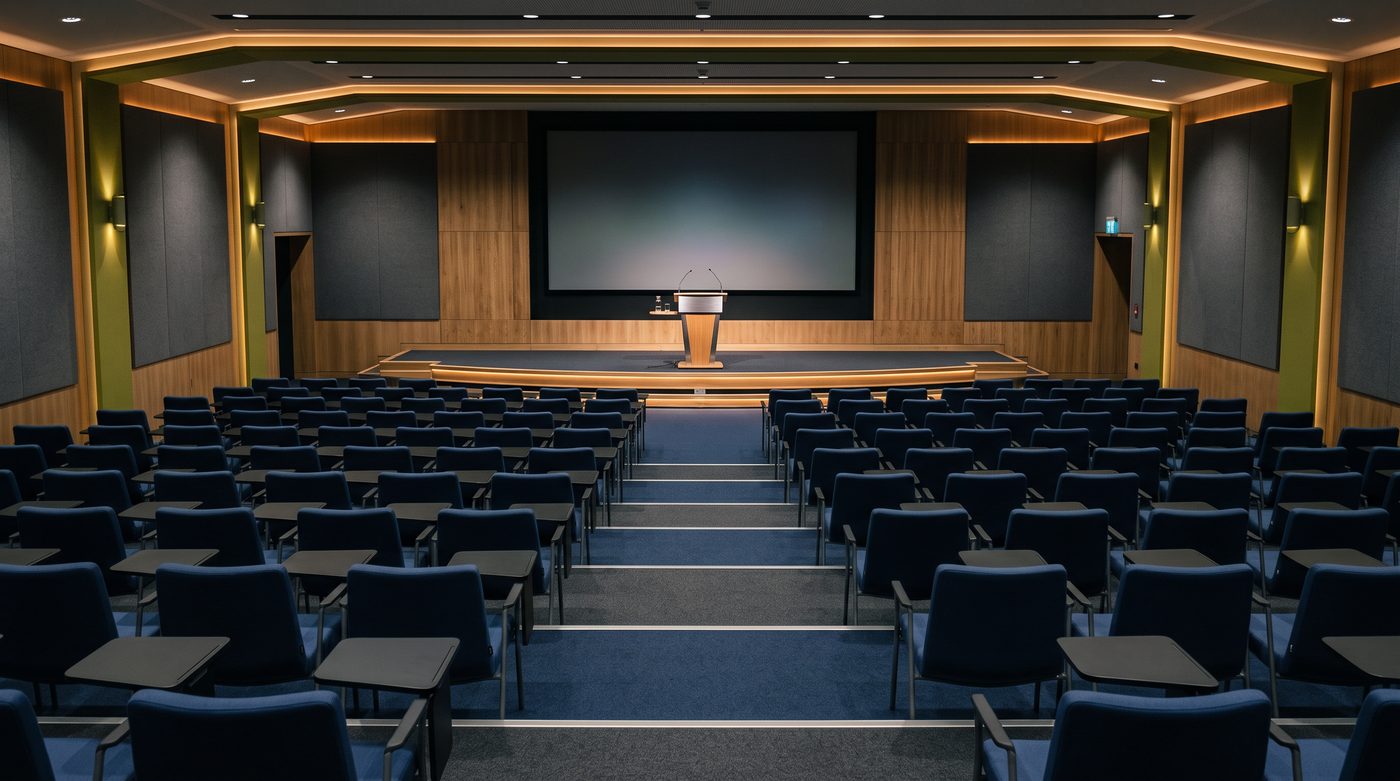 An auditorium set up for a conference presentation