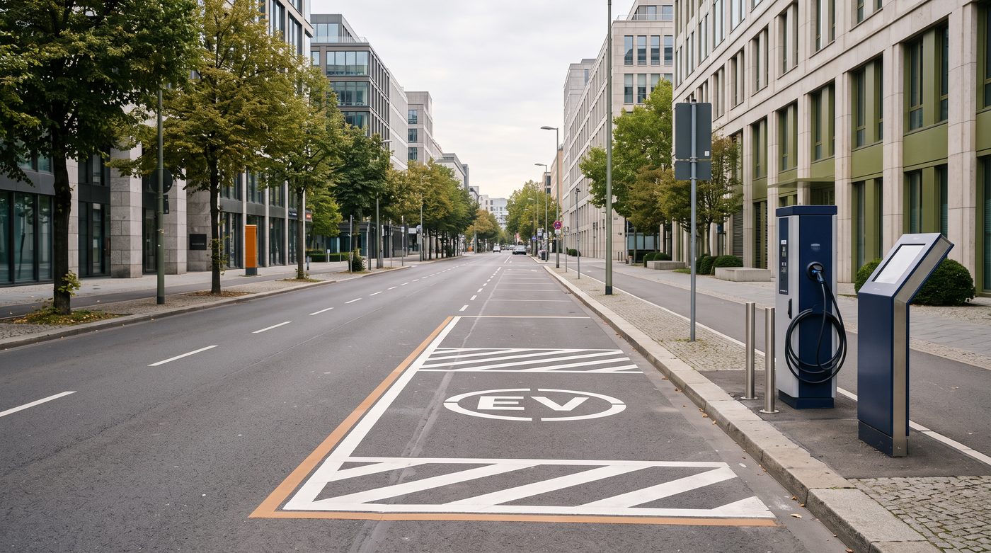 A marked EV charging bay and charging point on a city street, illustrating charging that fits naturally into everyday urban life