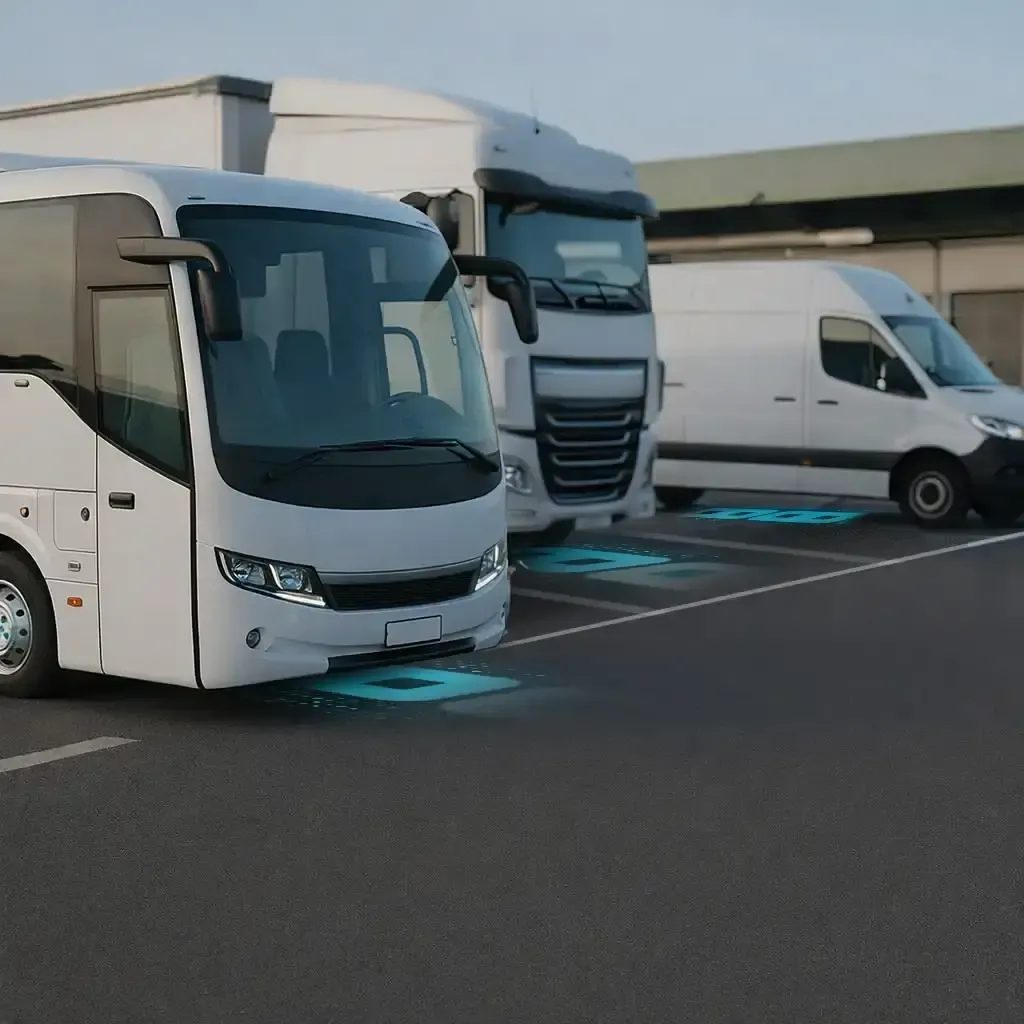 A bus, truck and van each parked over a glowing WibiCharge wireless charging pad at a depot